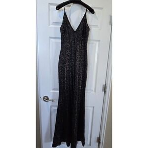 Dress The Population Black Sequin V-Neck Maxi Gown Dress Small Made in USA